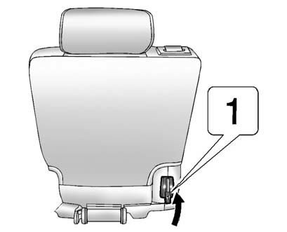 3. Lift the release lever 1. on the bottom rear of the seatback on the outboard
