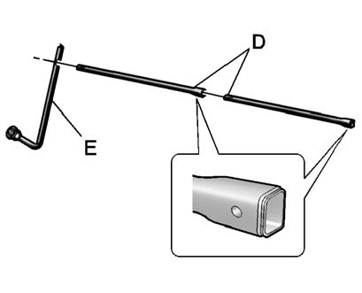 3. Assemble the two jack handle extensions (D) and wheel wrench (E), as shown.